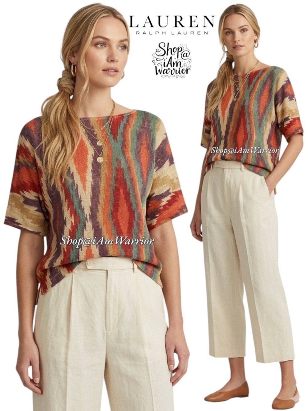 Lauren Ralph Lauren linen/cotton southwestern batwing top *shop@iamwarrior